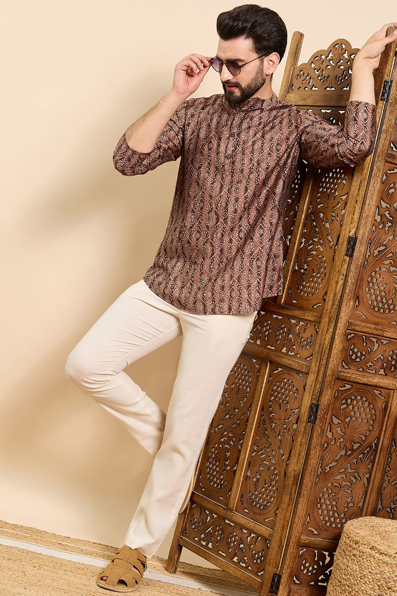 Ethnic Bay Brown Cotton Geometric Printed Ethnic Straight Short Kurta For Men
