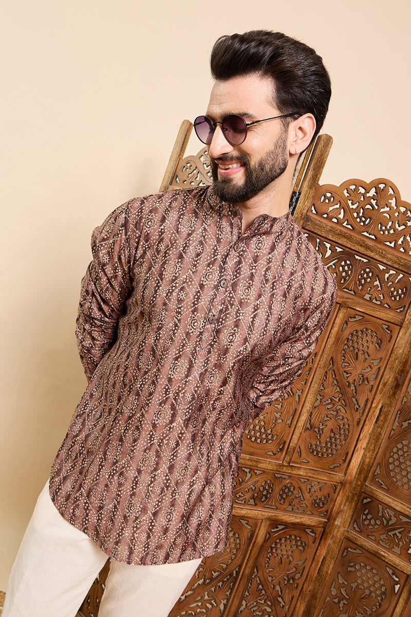 Ethnic Bay Brown Cotton Geometric Printed Ethnic Straight Short Kurta For Men