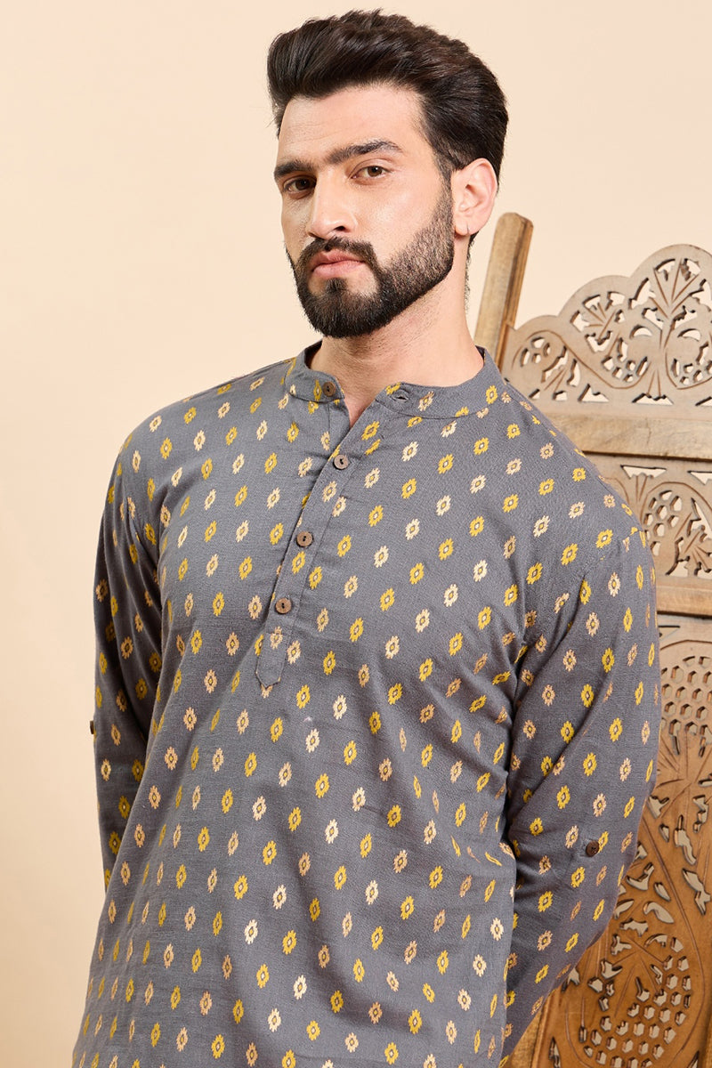 Ethnic Bay Grey Cotton Ethnic Motifs Printed Ethnic Straight Short Kurta For Men