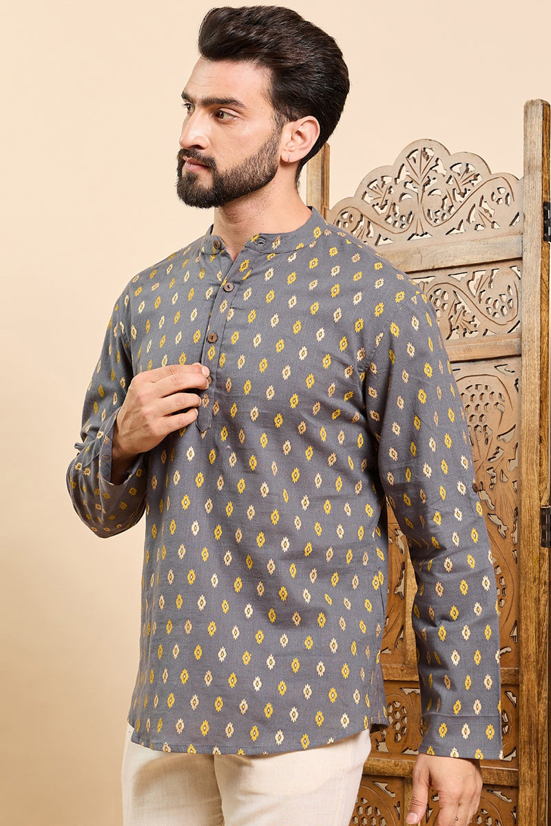 Ethnic Bay Grey Cotton Ethnic Motifs Printed Ethnic Straight Short Kurta For Men