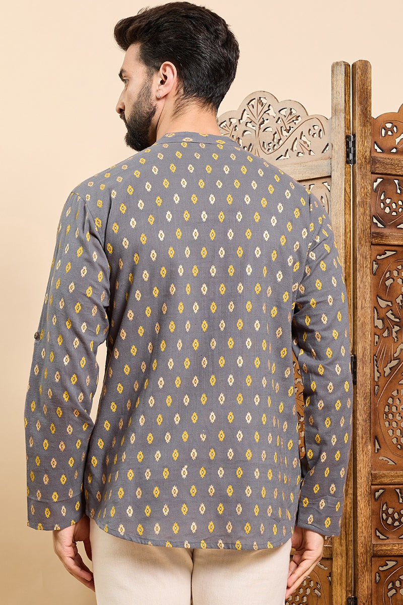Ethnic Bay Grey Cotton Ethnic Motifs Printed Ethnic Straight Short Kurta For Men