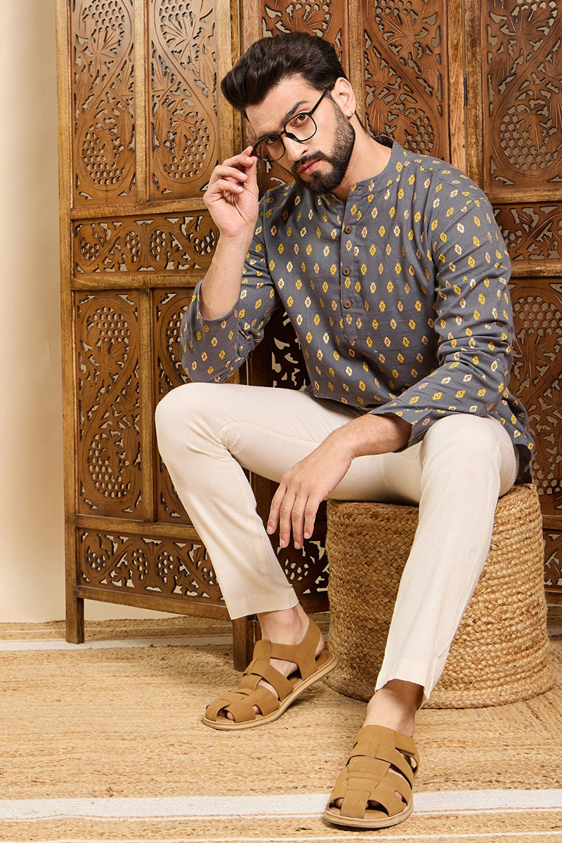 Ethnic Bay Grey Cotton Ethnic Motifs Printed Ethnic Straight Short Kurta For Men