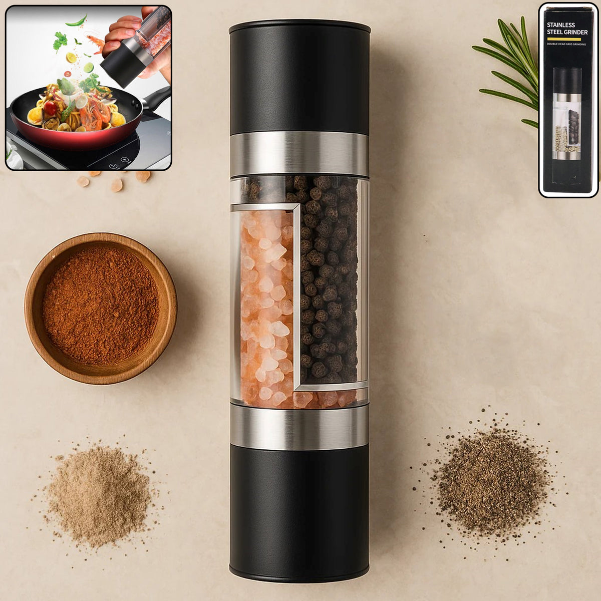 2-in-1 Stainless Steel Salt and Pepper Grinder with Adjustable Coarseness Dual-Chamber Manual Spice Mill for Kitchen, Table & Dining Use