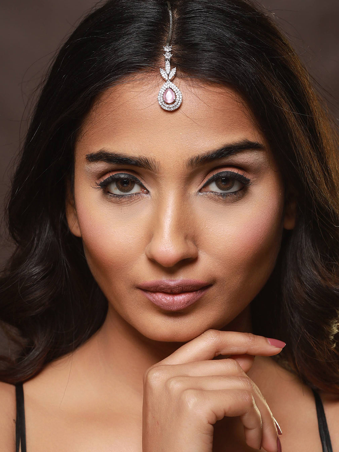 Jazz And Sizzle Silver Plated & Pink American Diamon Studded Teardrop Shaped MaangTika
