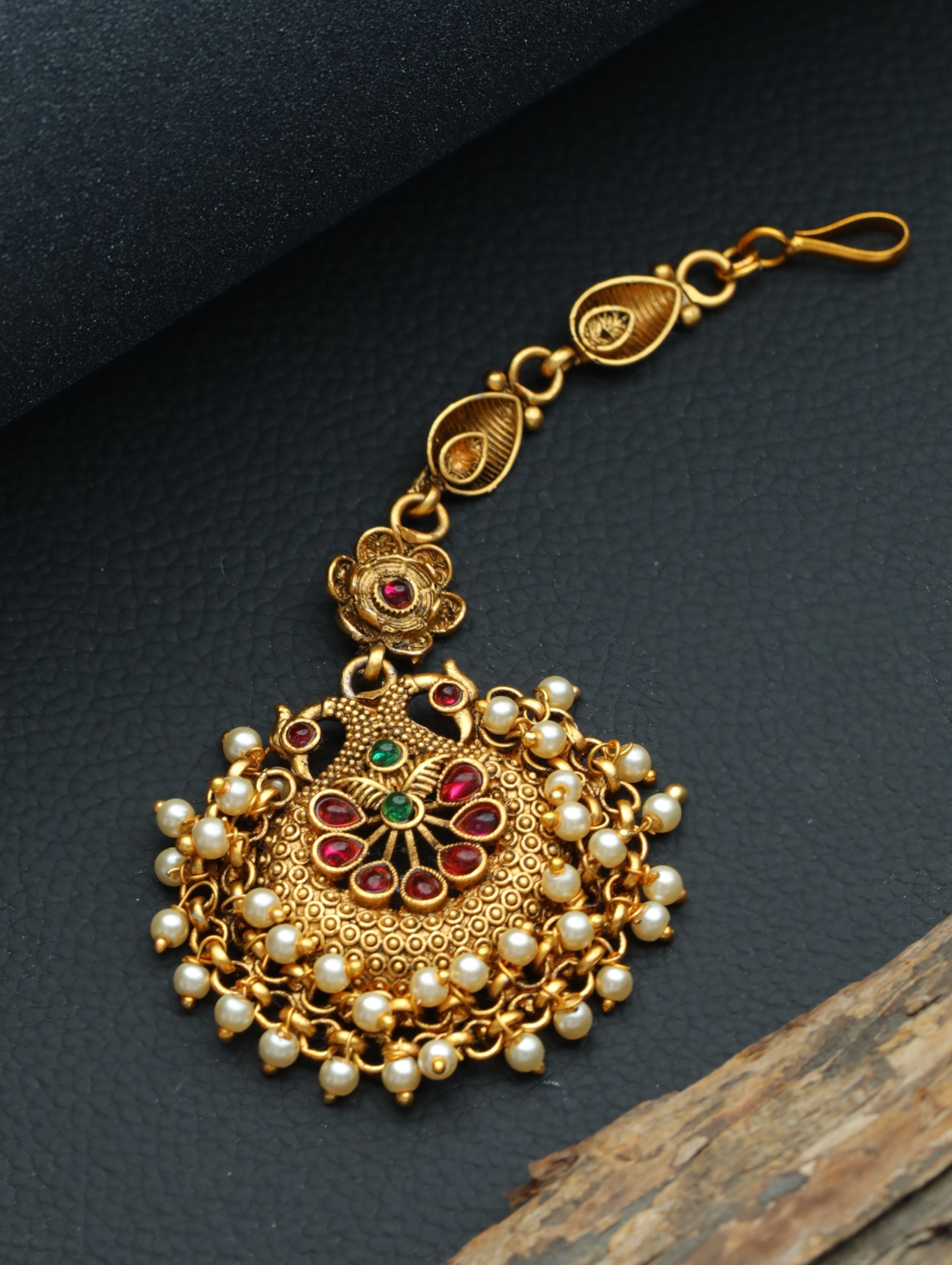 Gold-Plated Green & Pink Stone-Studded & Beaded Temple Maang Tikka