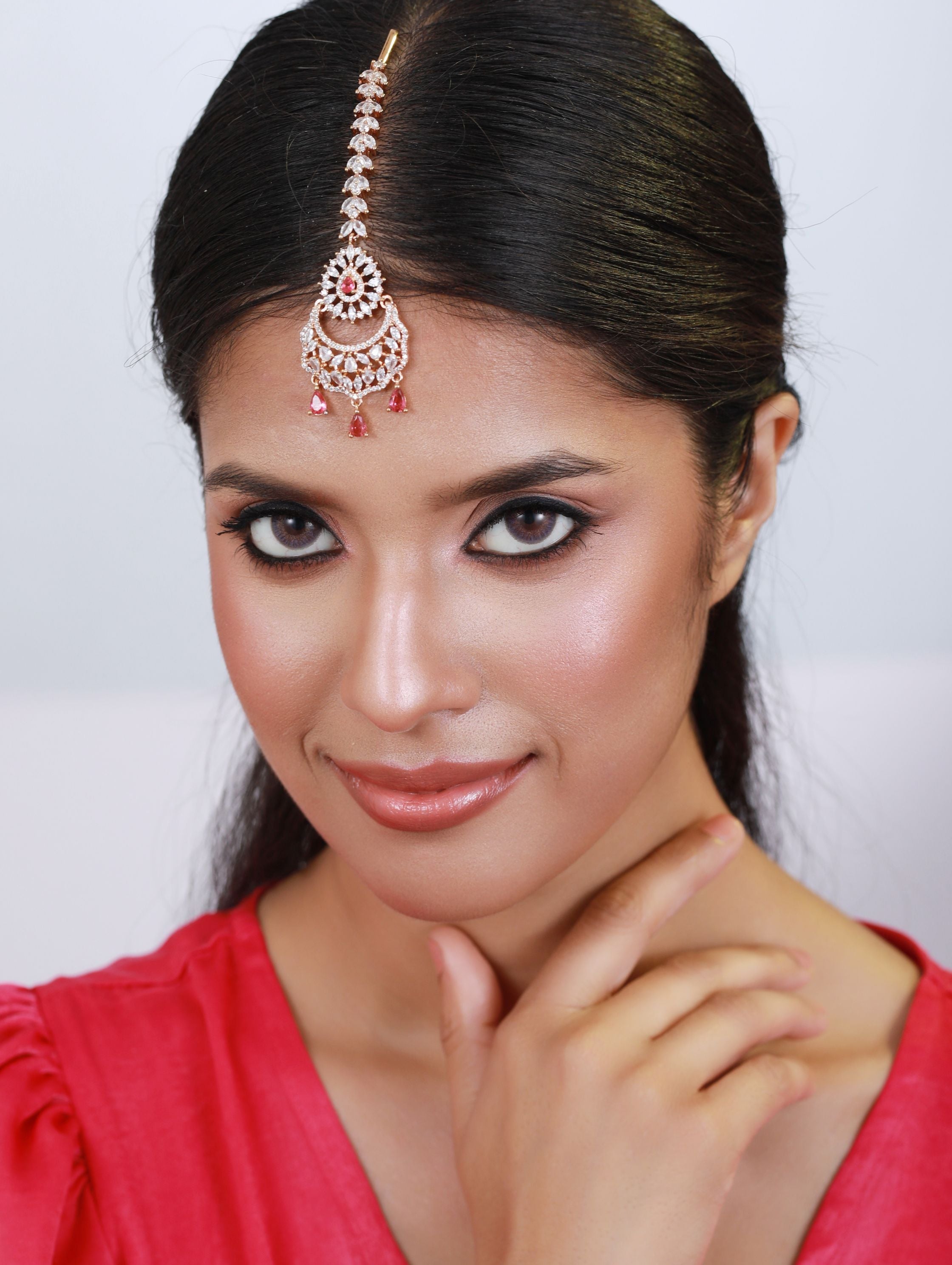 Rose Gold-Plated Magenta Ad-Studded & White Ad Floral Studded Maangtikka
