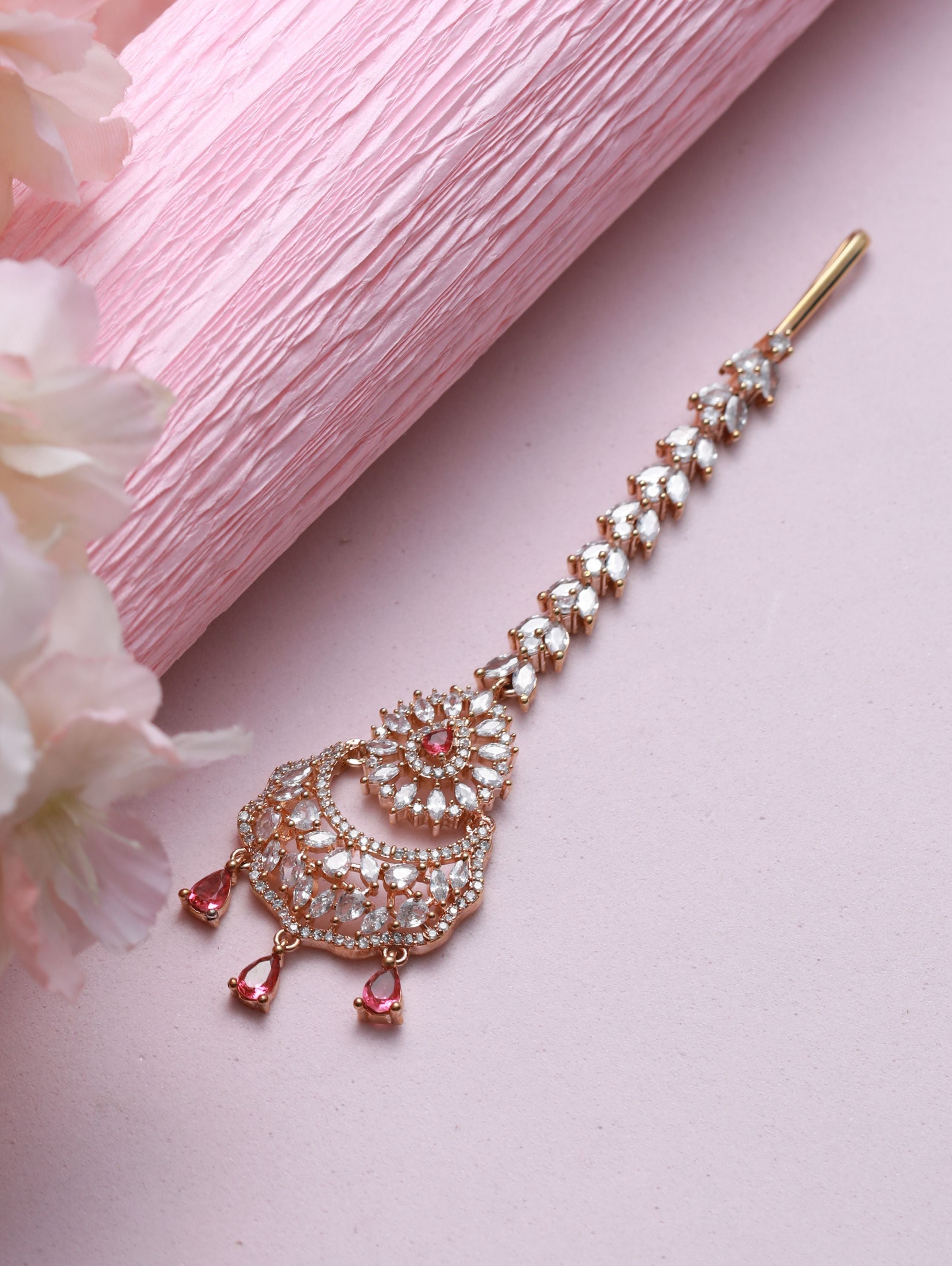 Rose Gold-Plated Magenta Ad-Studded & White Ad Floral Studded Maangtikka