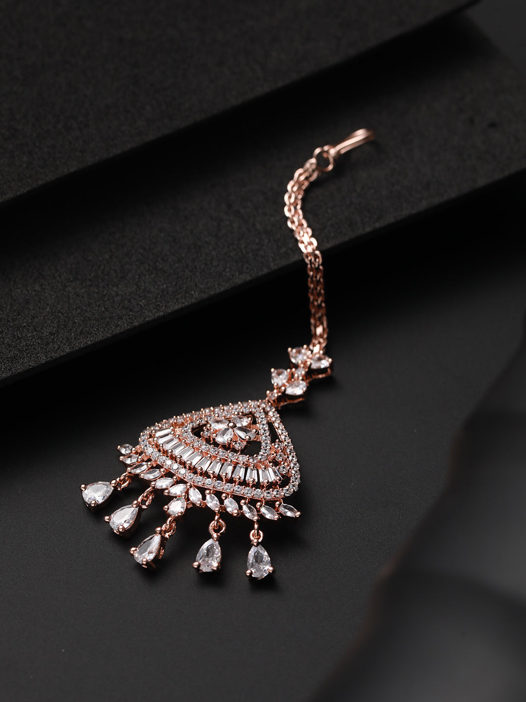 Rose Gold-Plated American Diamond-Studded Handcrafted Maang Tika