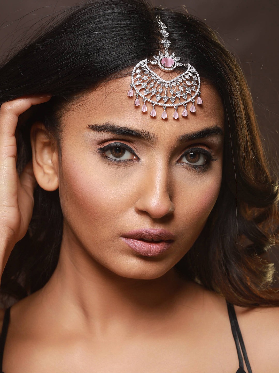 Silver Plated Pink & White Ad Studded Handcrafted Maang Tika