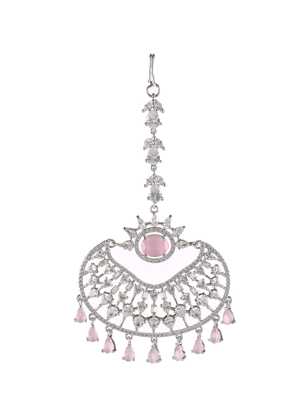 Silver Plated Pink & White Ad Studded Handcrafted Maang Tika