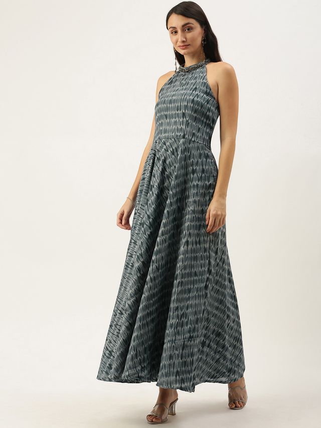 Bollywood Vogue Ready To Wear Grey N Black Muslin Halter Neck Gown