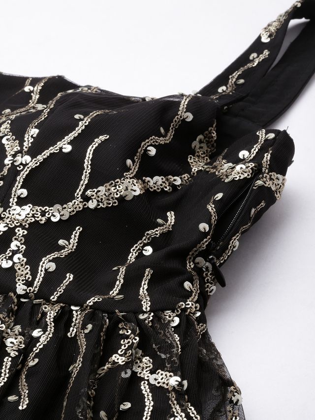 Bollywood Vogue Ready To Wear Black Tiered Gathers Embroidered Gown