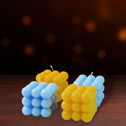 Set of 4 Colorful Cube Shaped Wax Candles – Decorative Ball Candles in Blue and Yellow for Home and Festival Decoration