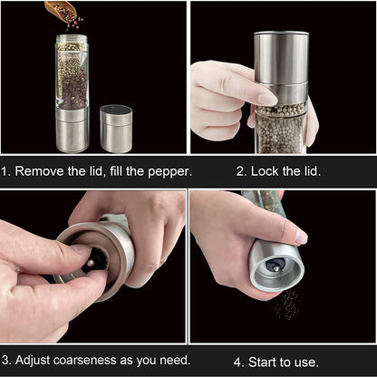 2-in-1 Stainless Steel Salt and Pepper Grinder with Adjustable Coarseness Dual-Chamber Manual Spice Mill for Kitchen, Table & Dining Use
