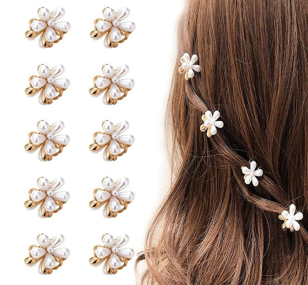 Mini Pearl Flower Hair Claw Clips Korean Style Cute Decorative Hair Accessories for Girls & Women (10 Pcs)