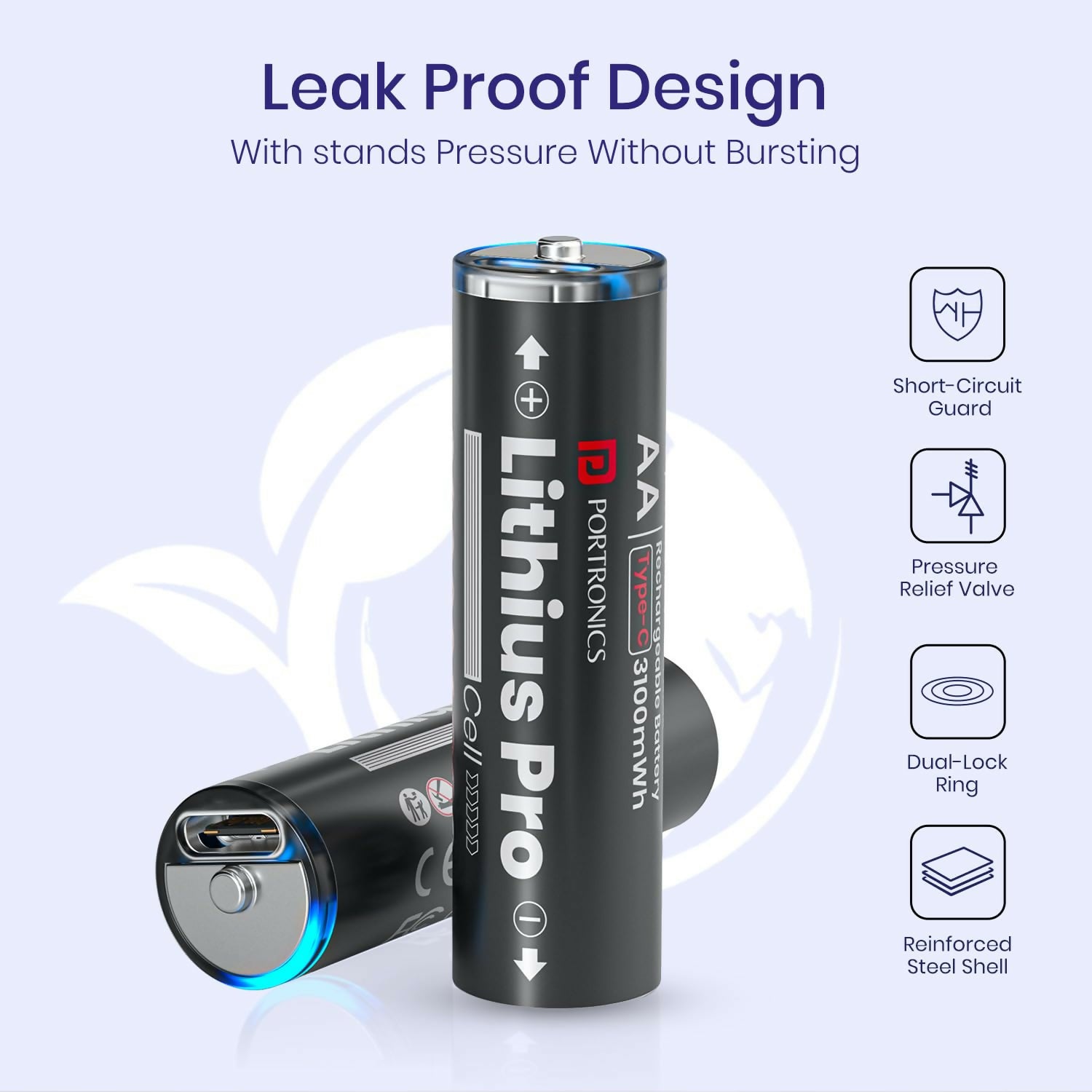 Portronics AA Lithius Pro Type-C Rechargeable Batteries Pack of 2 | Lithium-Ion, Up to 2066mAh, Low Self-Discharge(Black)