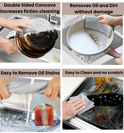 Non-Scratch Double Layer Steel Scrubber Pads Pack of 6 Stainless Steel Dish Cleaning Cloths for Utensils, Sinks & Multipurpose Wet/Dry Use