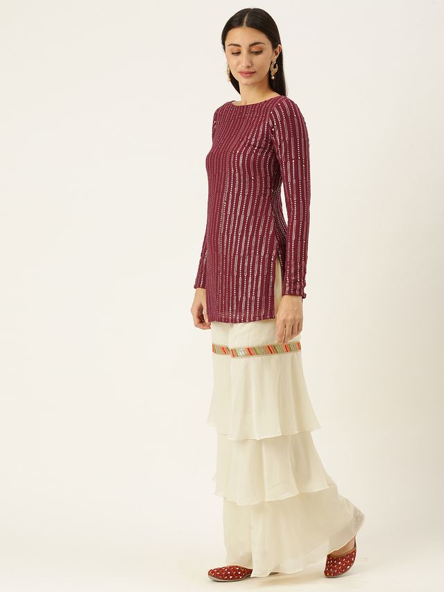 Bollywood Vogue Ready To Wear Off White N Maroon Embroidered Layered Gharara Suit