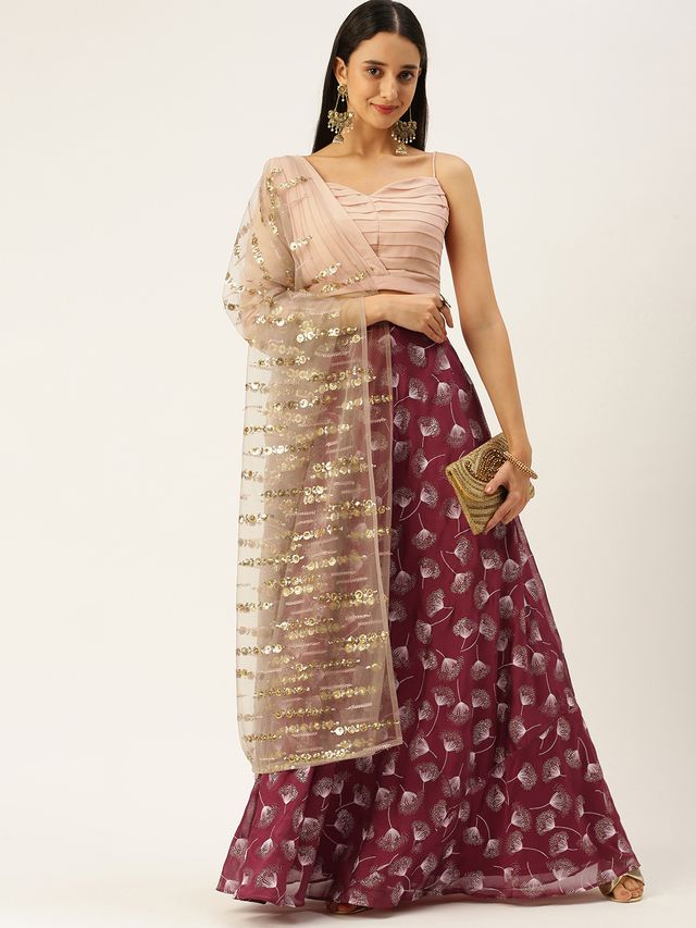 Bollywood Vogue Ready To Wear Maroon Satin N Pink Draped Style Lehenga
