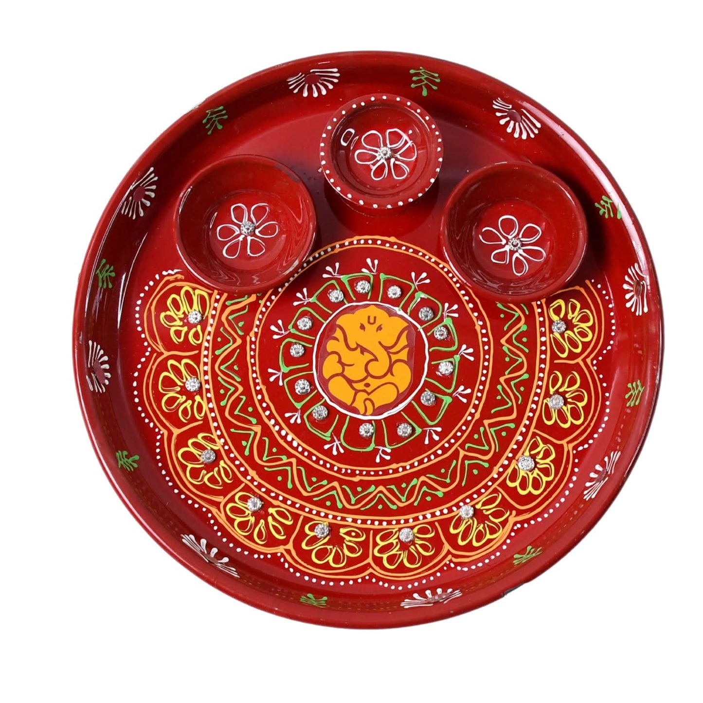 Hand-Painted Decorative Pooja Thali with Ganesha Motif and Diyas – Traditional Festive Design (1 Pc)