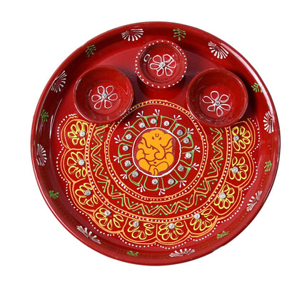 Hand-Painted Decorative Pooja Thali with Ganesha Motif and Diyas – Traditional Festive Design (1 Pc)