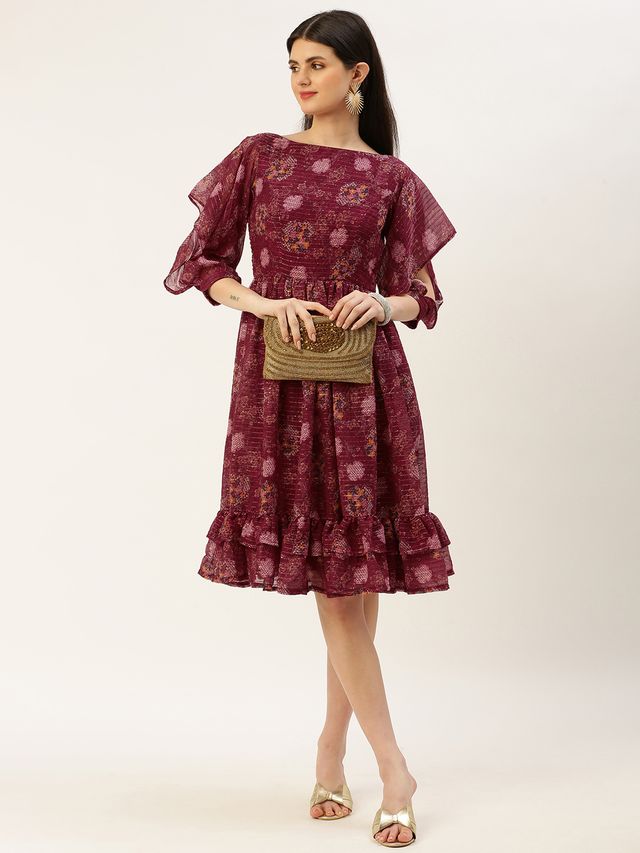 Bollywood Vogue Ready To Wear Wine Georgette Digital Printed Dress