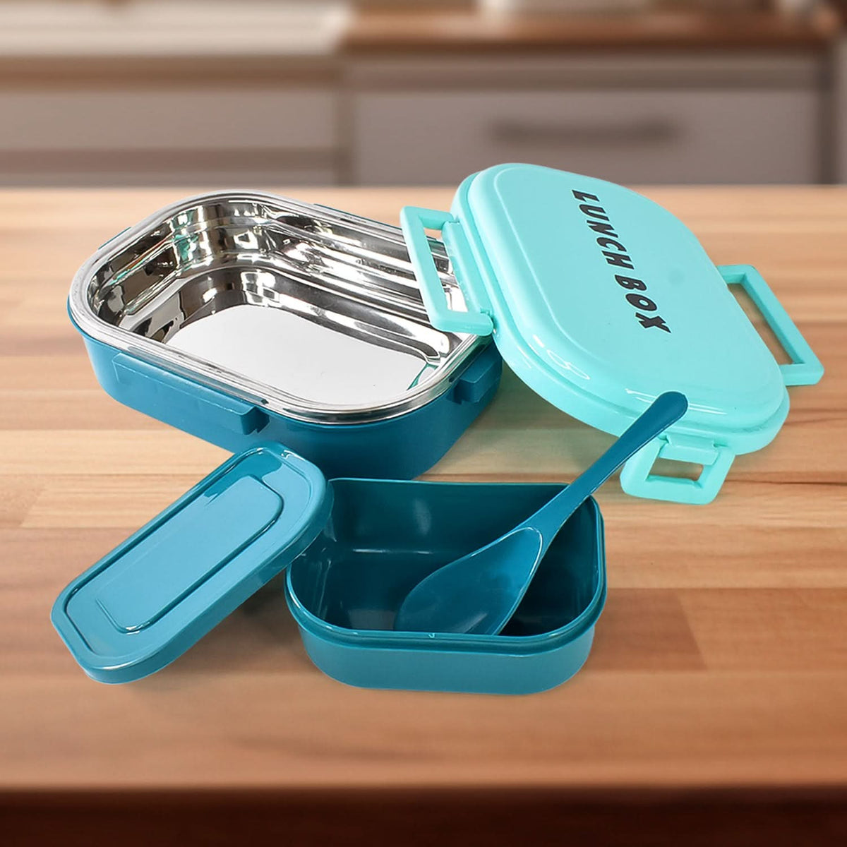 3 In 1 Spicy Bite Stainless Steel Lunch Box With Plastic Small Box  Spoon (1 Set) (Multicolor) HP DD