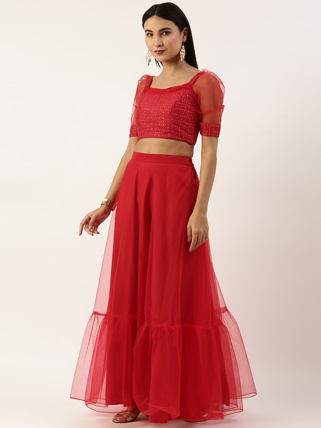 Bollywood Vogue Ready To Wear Dark Red Sequins Lehenga Set