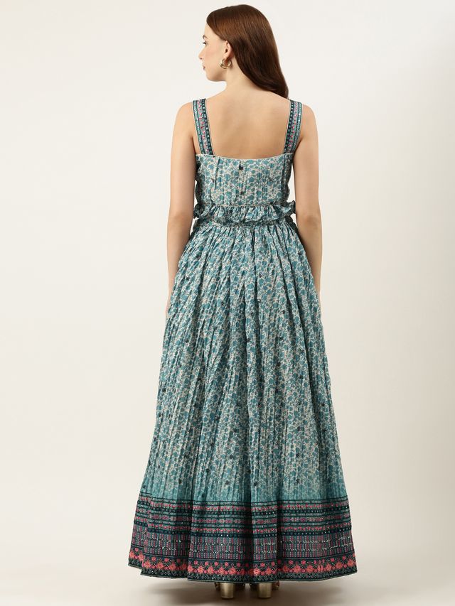 Bollywood Vogue Ready To Wear Cream and Blue Printed N Embroidered Skirt Set