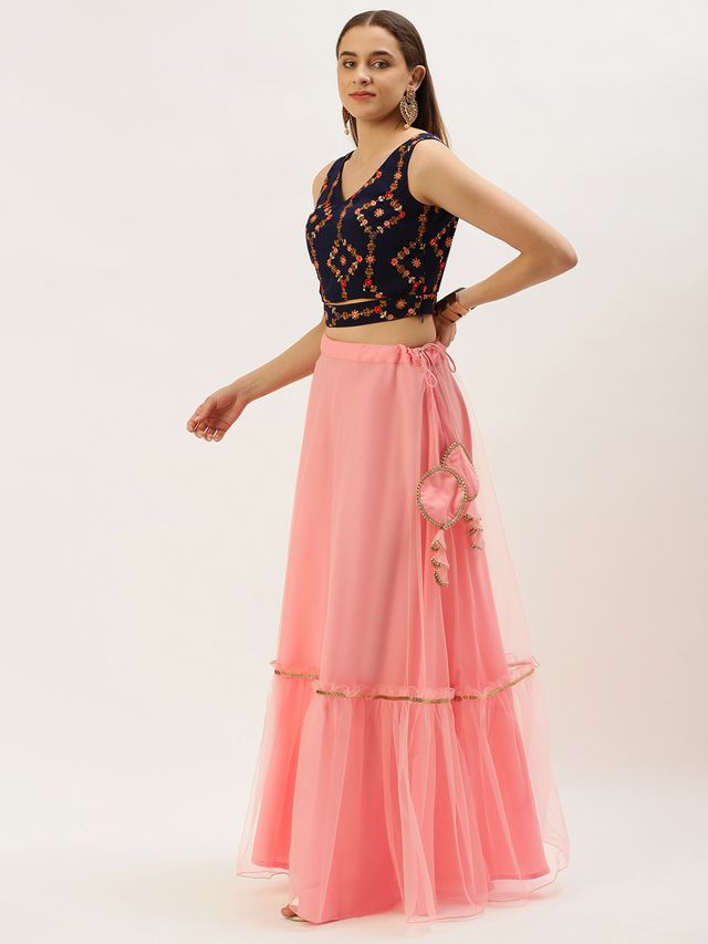 Bollywood Vogue Ready To Wear Royal Blue and Pink Embroidered Lehenga Set