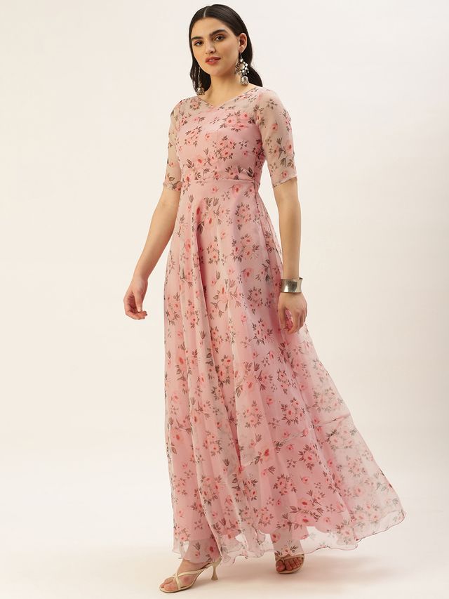 Bollywood Vogue Ready To Wear Pink Digital Print Organza Gown