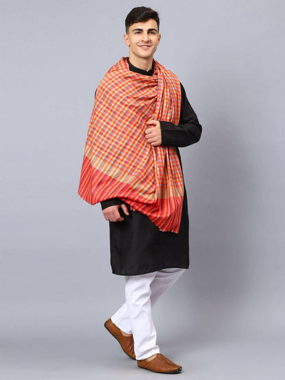 Orange Blue Multicolour Check Shawl - HalfPe