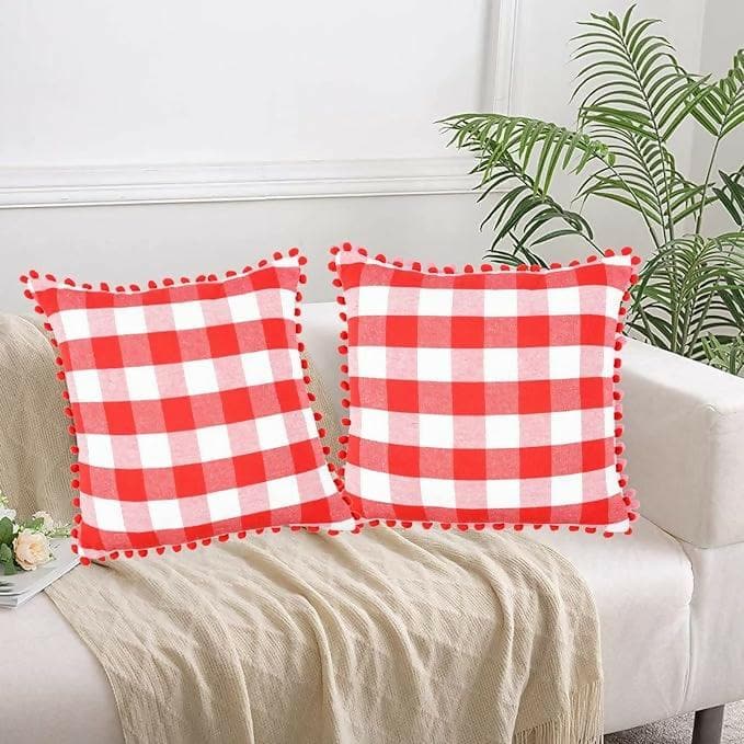 Lushomes Square Cushion Cover with Pom Pom, Cotton Sofa Pillow Cover Set of 2, 16x16 Inch, Big Checks, (40x40 Cms - Multicolour) - HalfPe