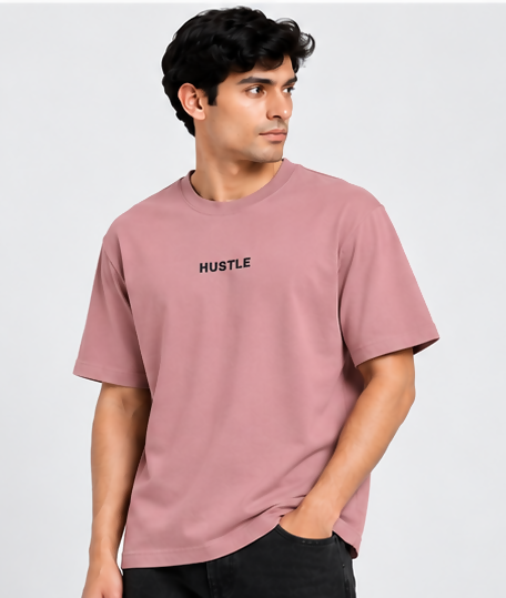 HUSTLE Essentials Men's Crew Neck Oversized T-Shirt – Peach Pink(Oversized size)
