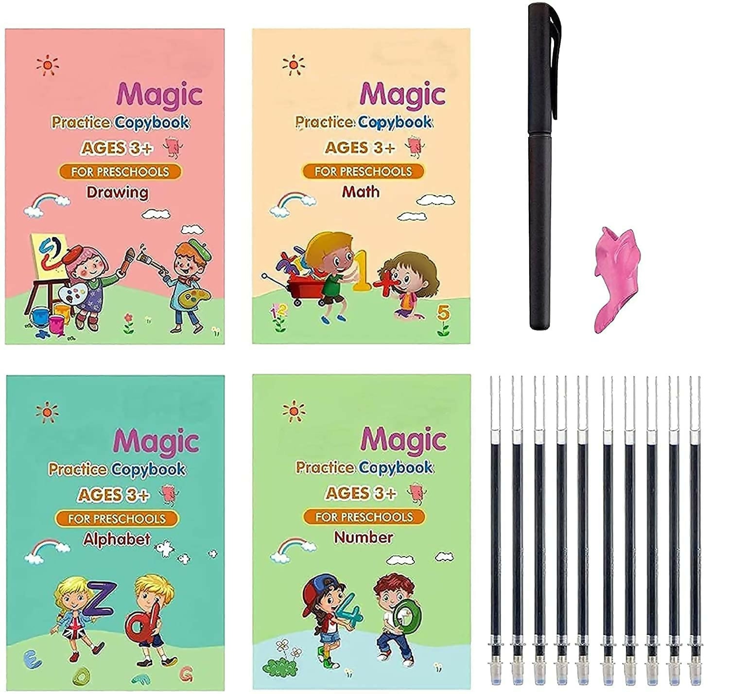 Magic Practice Copybook Set for Kids 4 Books with 10 Refills Reusable Handwriting Improvement Kit
