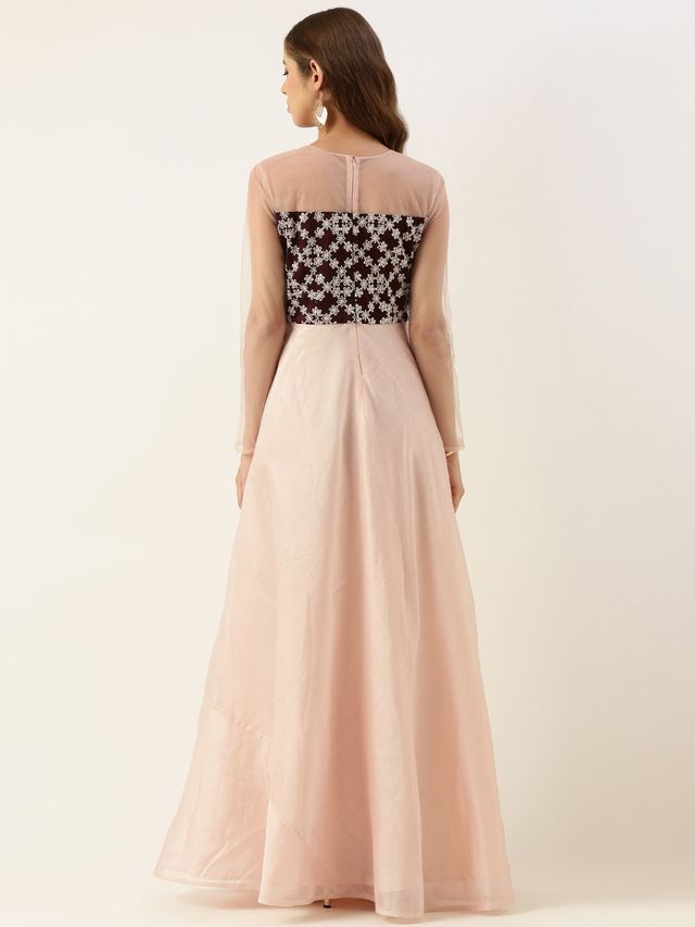 Bollywood Vogue Ready To Wear Peach N Dark Wine Muslin Sequins Embroidered Gown