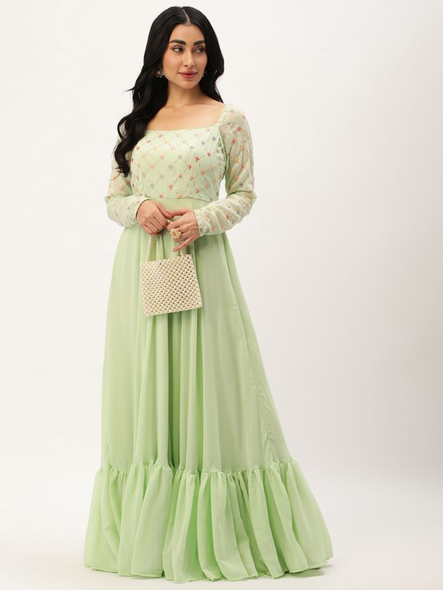 Bollywood Vogue Ready To Wear Green Georgette  Embroidery Gown