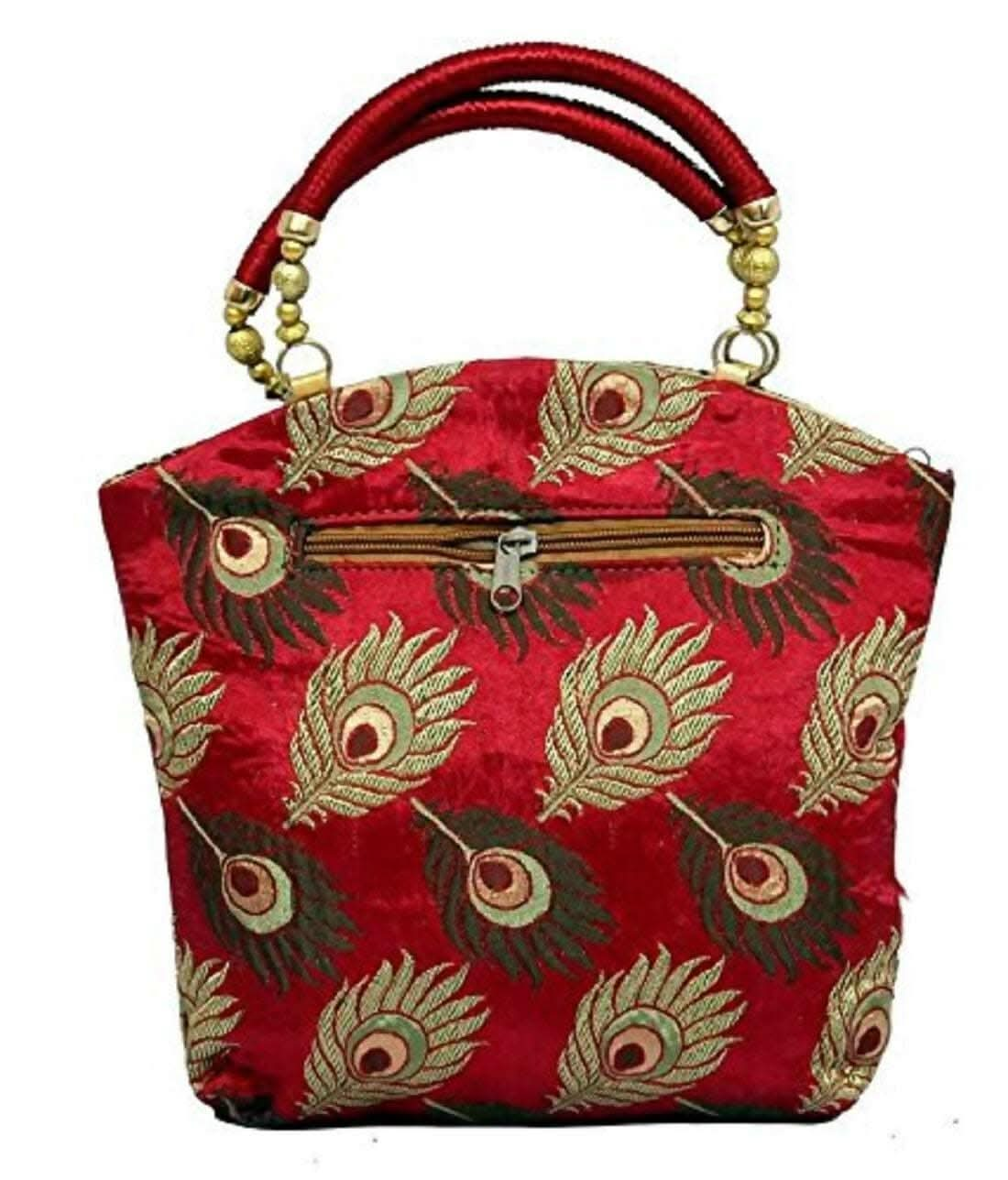 Women's Cotton Traditional Design Mini Handbag, Red - HalfPe