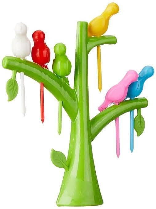 Bird Plastic Fruit Fork Pack with Stand (6 Pcs) - HalfPe