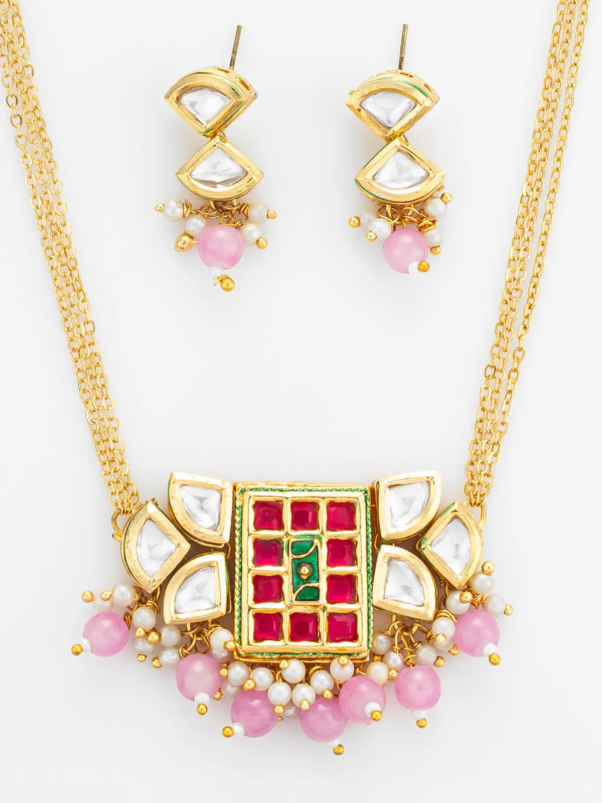 Aadita Geometric Pink and Green Stone Necklace Set