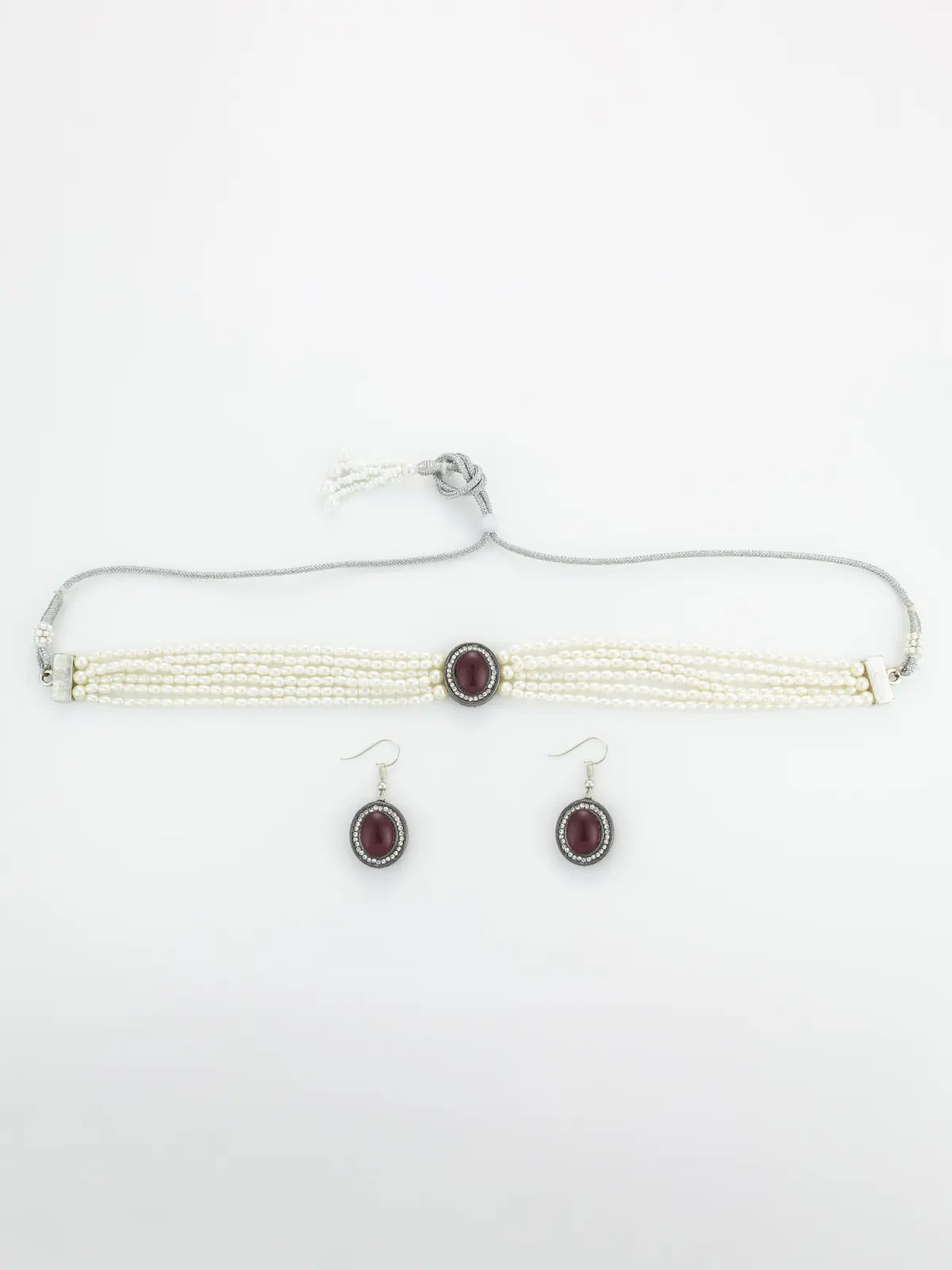 Aadita Silver Plated Pearl Choker Set with Maroon Stone