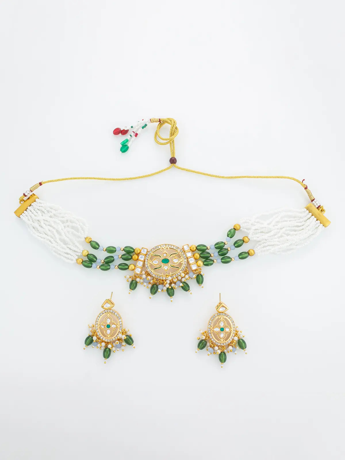 Aadita Gold Plated Green Beaded Choker Necklace Set