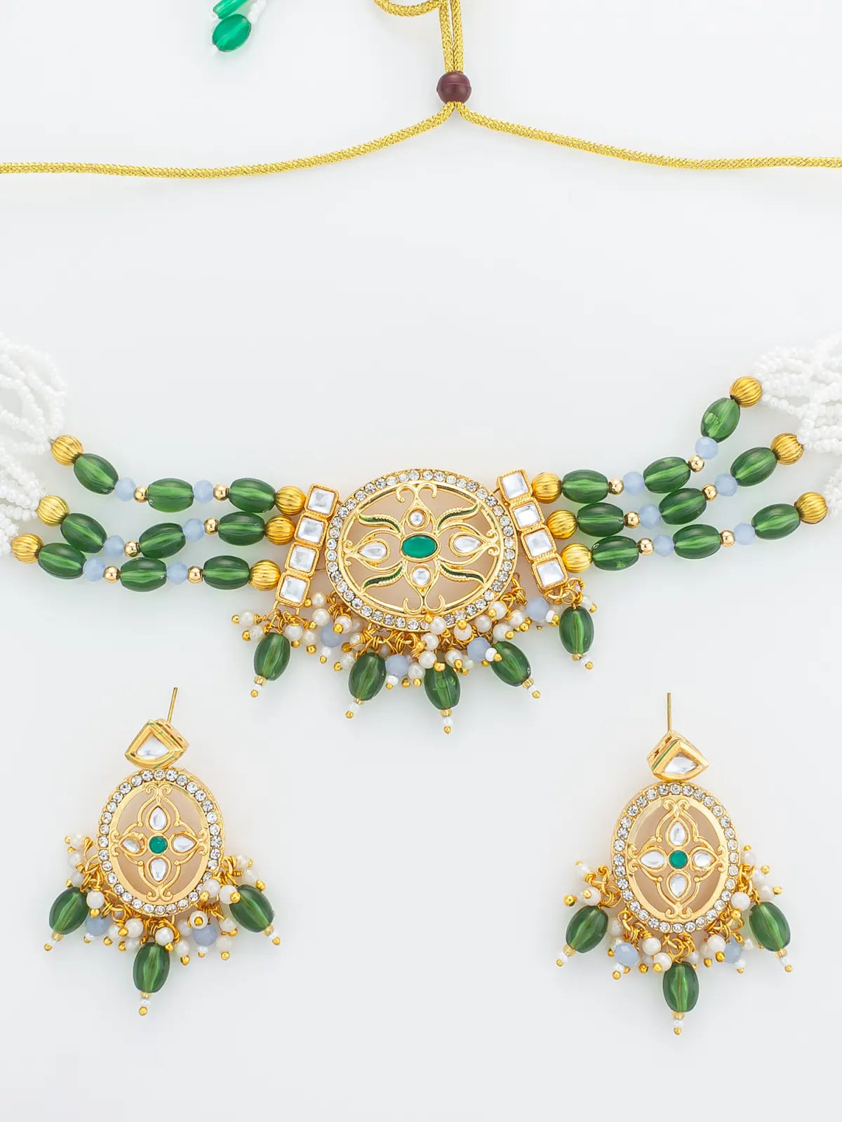 Aadita Gold Plated Green Beaded Choker Necklace Set