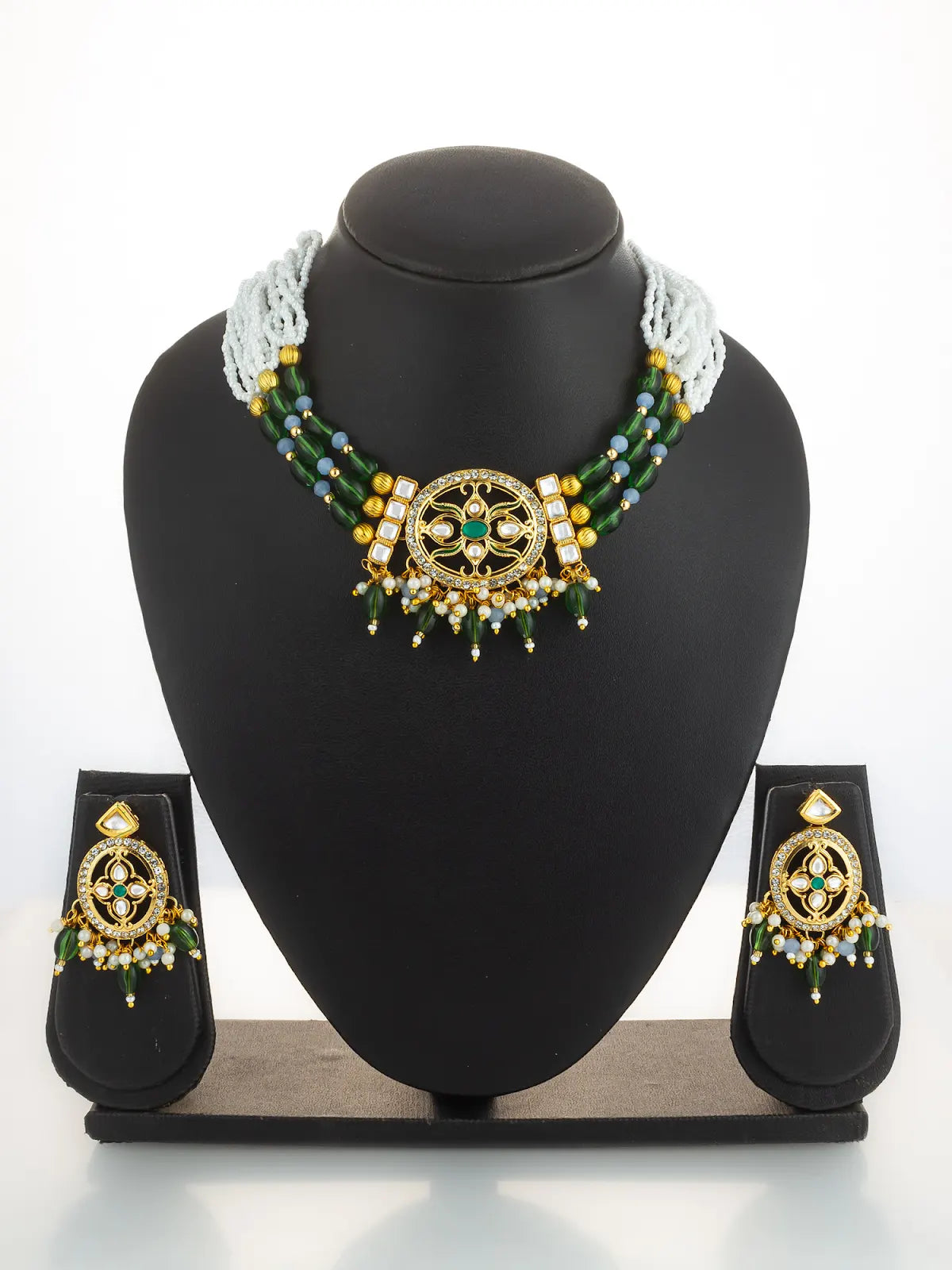 Aadita Gold Plated Green Beaded Choker Necklace Set