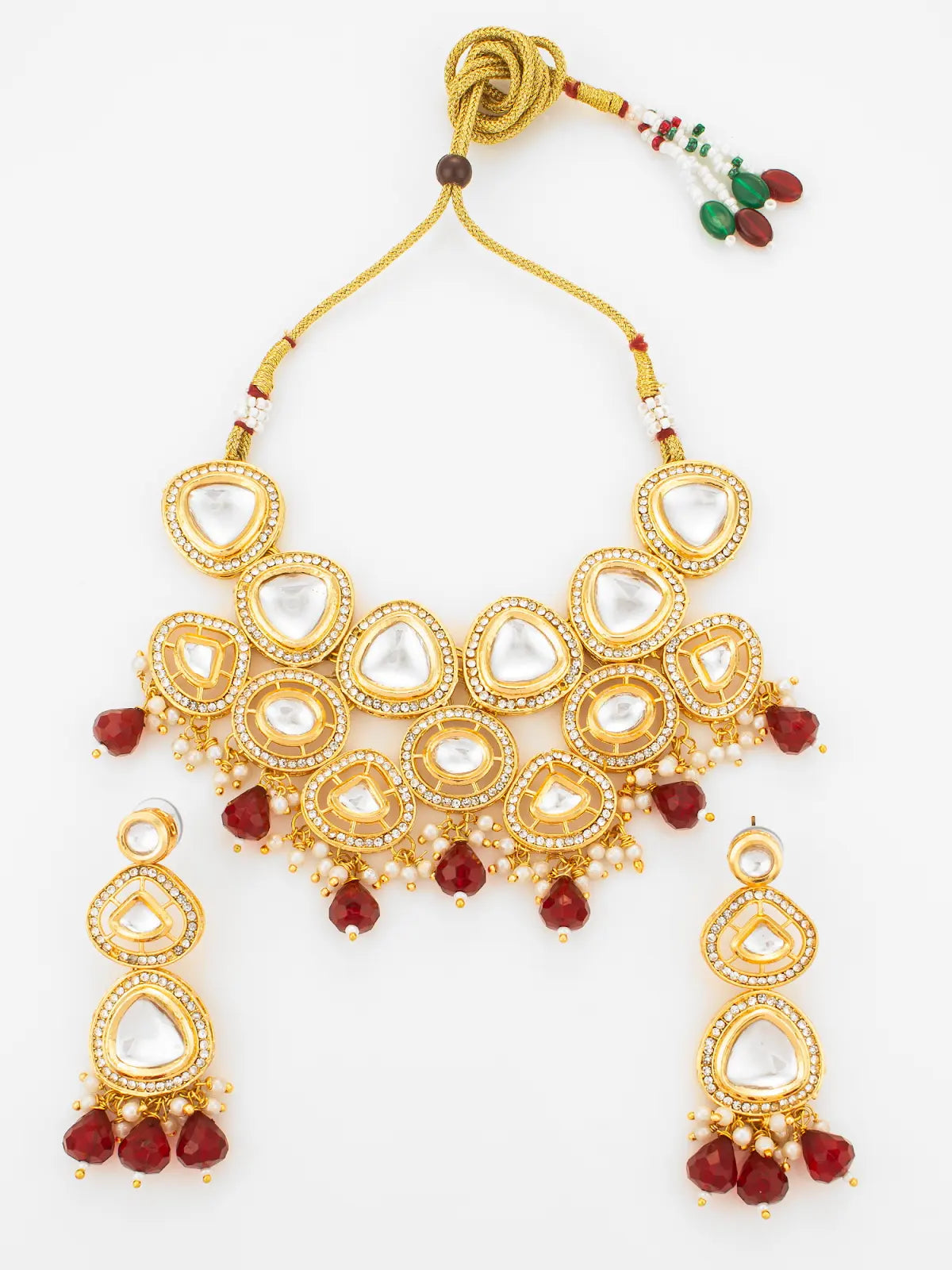 Aadita Gold Plated Kundan Studded Choker Necklace Set with Red Bead Drops