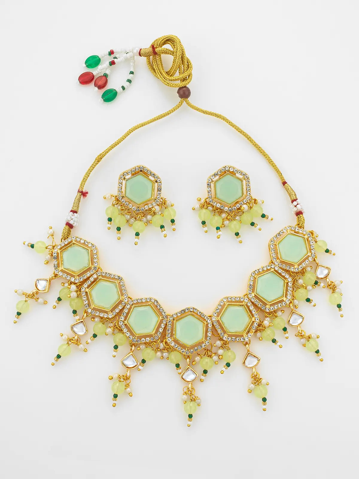 Aadita Gold Plated Mint Green Hexagonal Choker Necklace Set