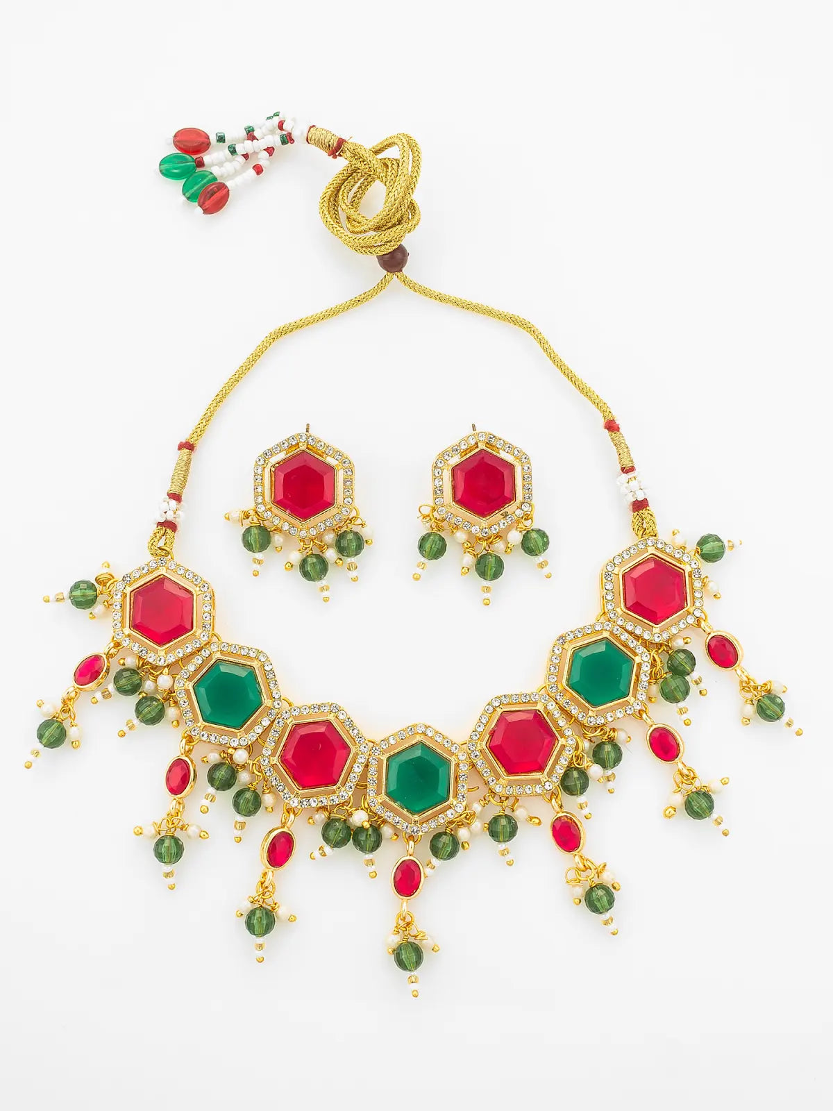 Aadita Gold Plated Red and Green Hexagonal Style Choker Set