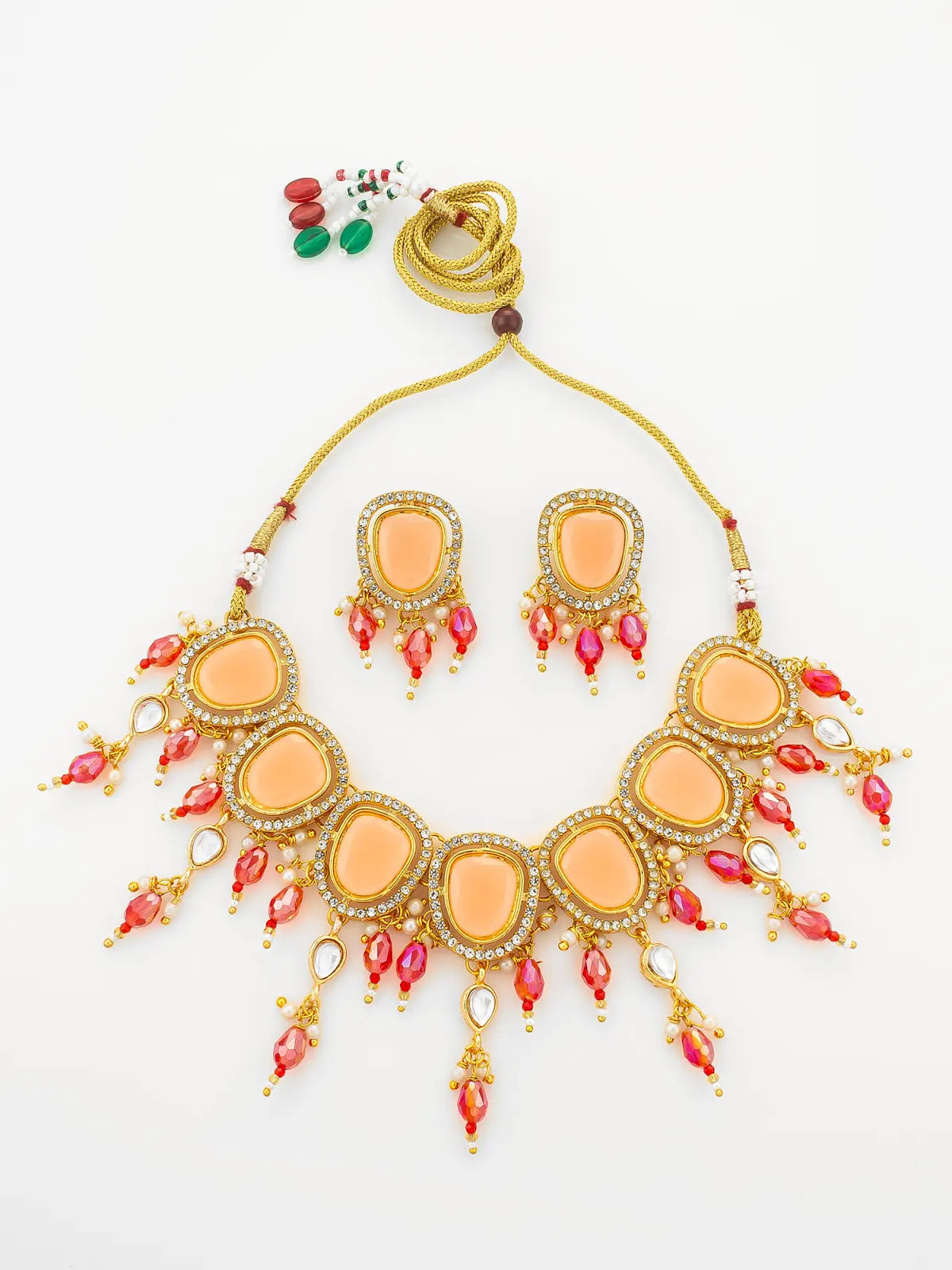 Aadita Gold Plated Peach Stone Choker Necklace with Dangles