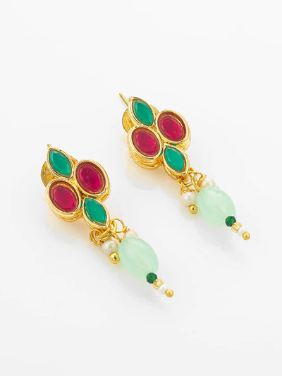 Aadita Gold Plated Kundan Necklace Set with Green and Pink Stones and Bead Droplets