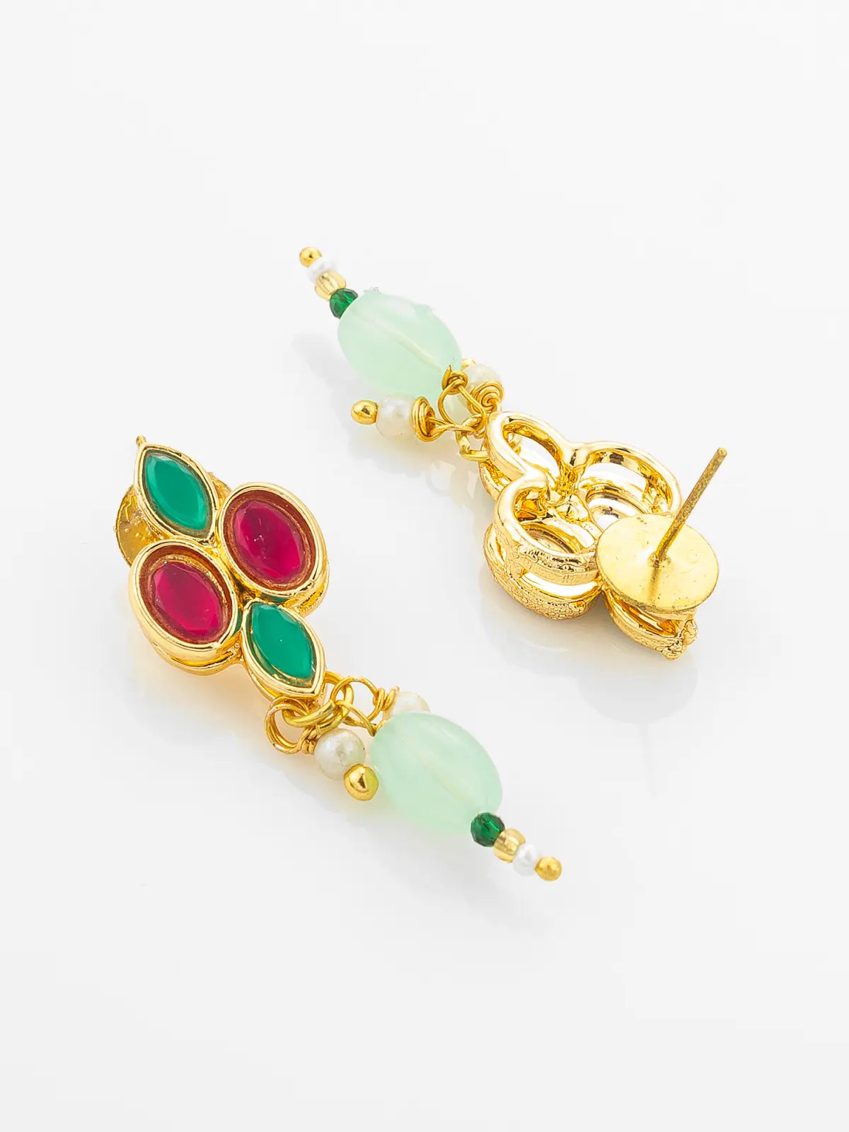 Aadita Gold Plated Kundan Necklace Set with Green and Pink Stones and Bead Droplets